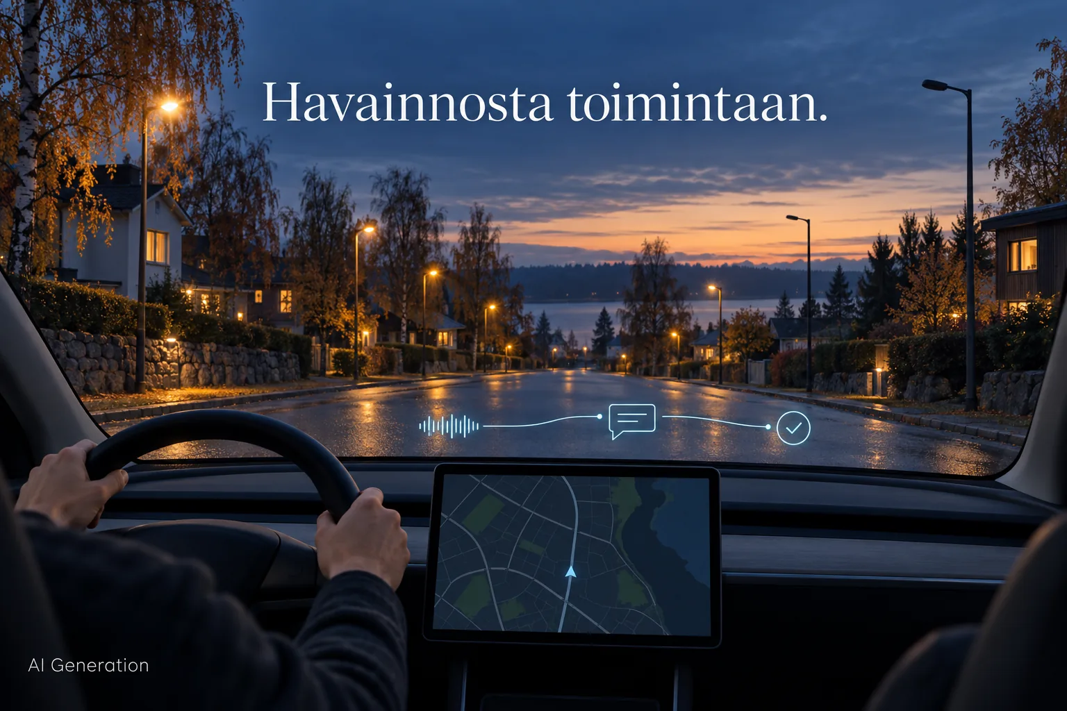 Kuvitus: auton tuulilasista näkyvä katu hämärässä, kaksi pimeää katuvalaisinta ja kojelaudan karttanäyttö.