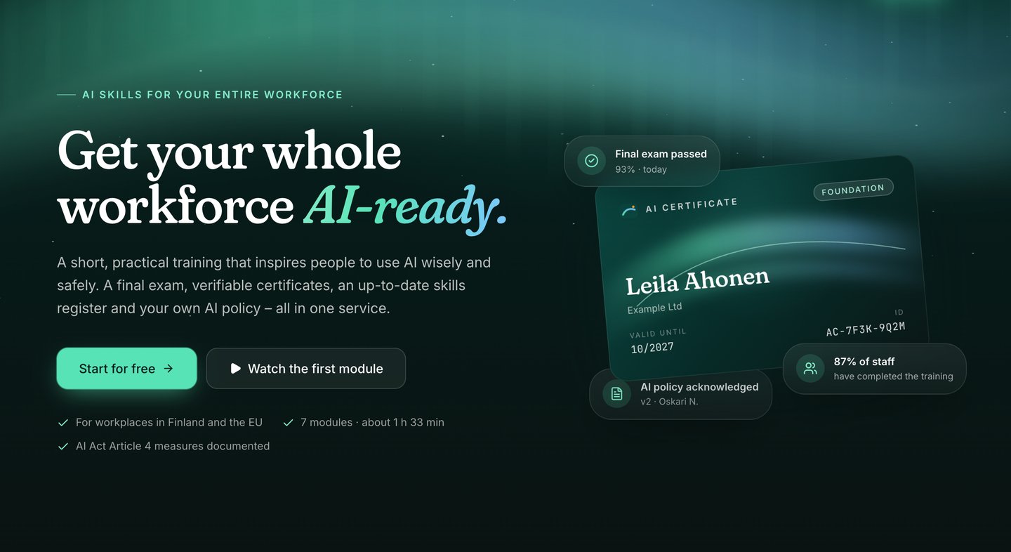 The Aigen Campus home page: the heading Get your whole workforce AI-ready, with an AI certificate card, a final exam result and an AI policy acknowledgement.