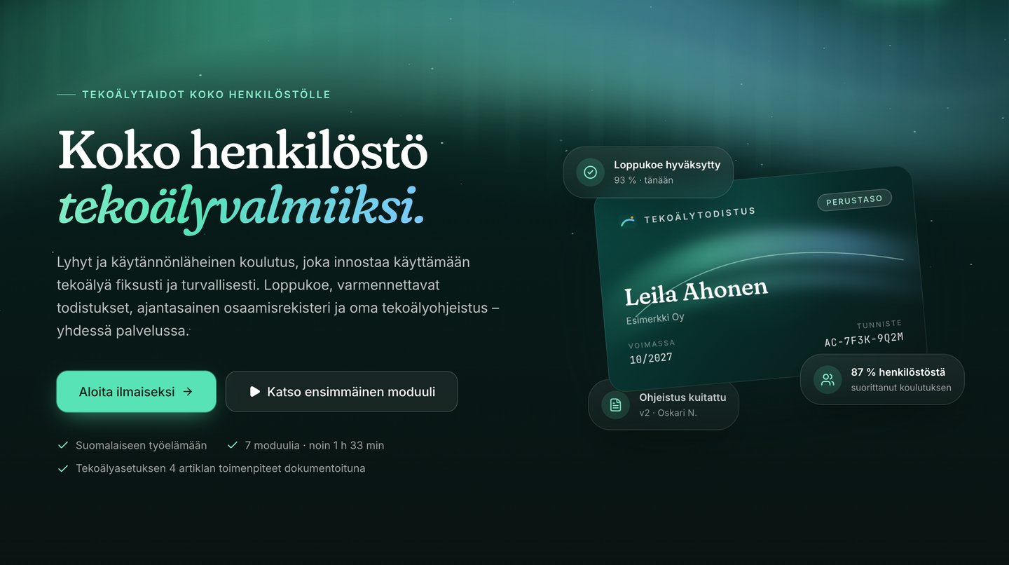 Aigen Campuksen etusivu: otsikko Koko henkilöstö tekoälyvalmiiksi sekä tekoälytodistuksen kortti, loppukokeen tulos ja ohjeistuksen kuittaus.