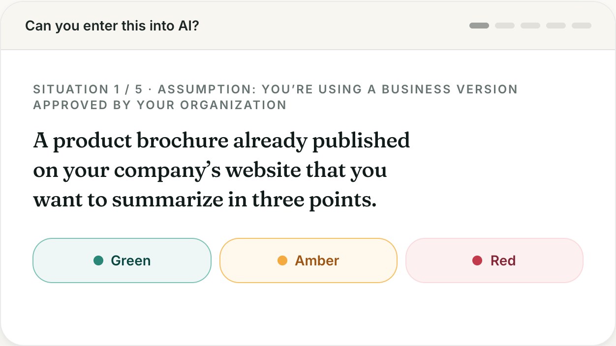 An exercise on the Campus site: situation 1 of 5, a product brochure already published on the company website, with green, amber and red answer options.
