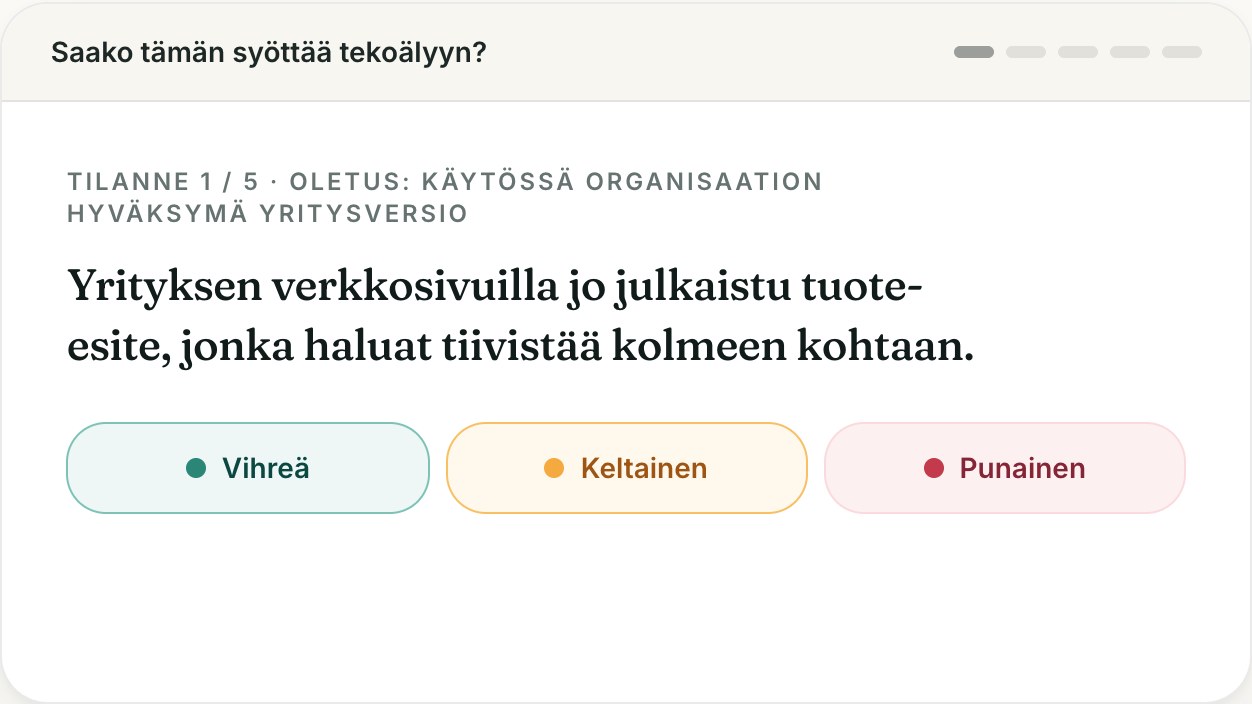 Harjoitus Campuksen sivulla: tilanne 1/5, yrityksen verkkosivuilla julkaistu tuote-esite, ja vastausvaihtoehdot vihreä, keltainen ja punainen.
