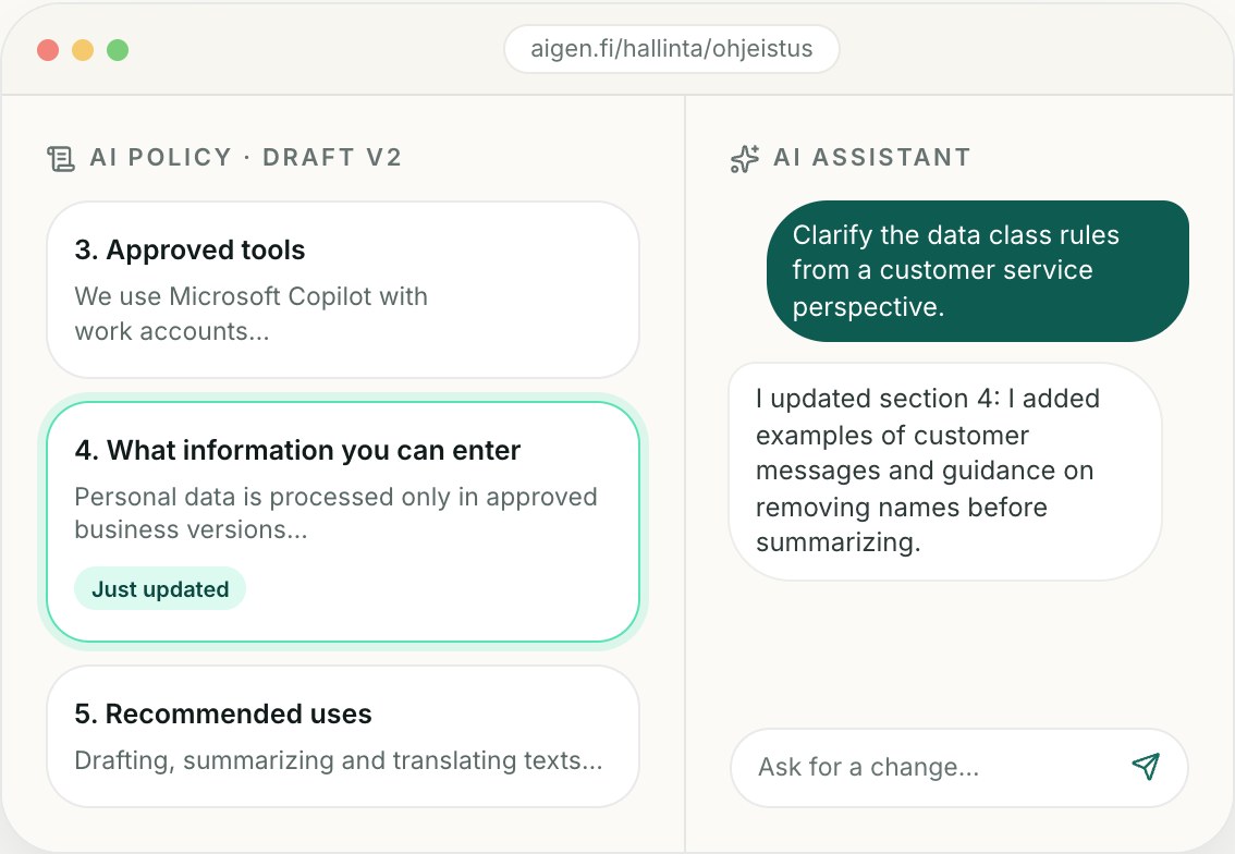 An AI policy draft next to the AI assistant conversation: the assistant updates the section on what information can be entered.
