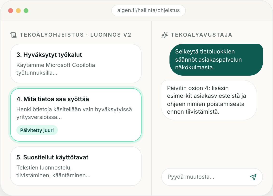 Tekoälyohjeistuksen luonnos ja tekoälyavustajan keskustelu: avustaja päivittää osiota Mitä tietoa saa syöttää.
