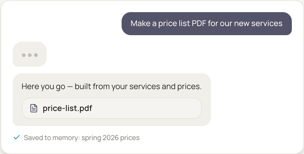 A conversation in Studio: a request for a price list PDF of new services, the reply, a downloadable price-list.pdf and a note that the spring 2026 prices were saved to memory.