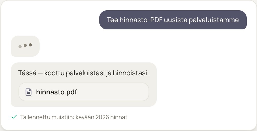 Keskustelu Studiossa: pyyntö tehdä hinnasto-PDF uusista palveluista, vastaus ja ladattava hinnasto.pdf sekä merkintä kevään 2026 hintojen tallentamisesta muistiin.
