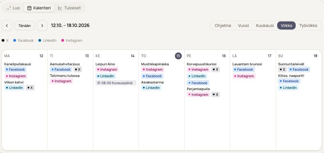 The content calendar week view for 12–18 October 2026. Each day lists post titles and channel labels for Facebook, Instagram, LinkedIn and X.