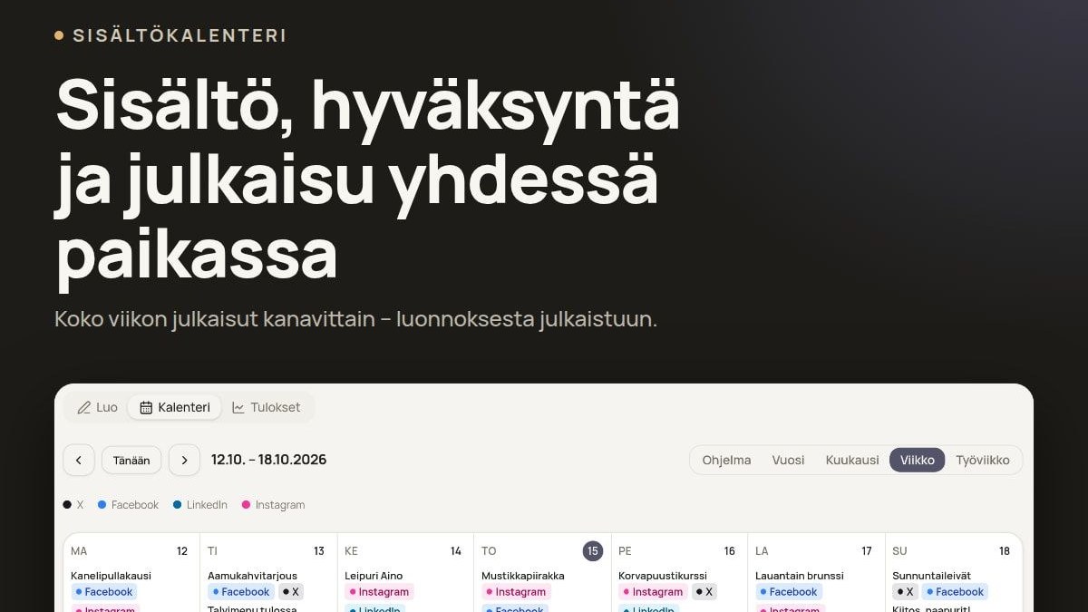 Aigen Studion sisältökalenteri viikkonäkymässä