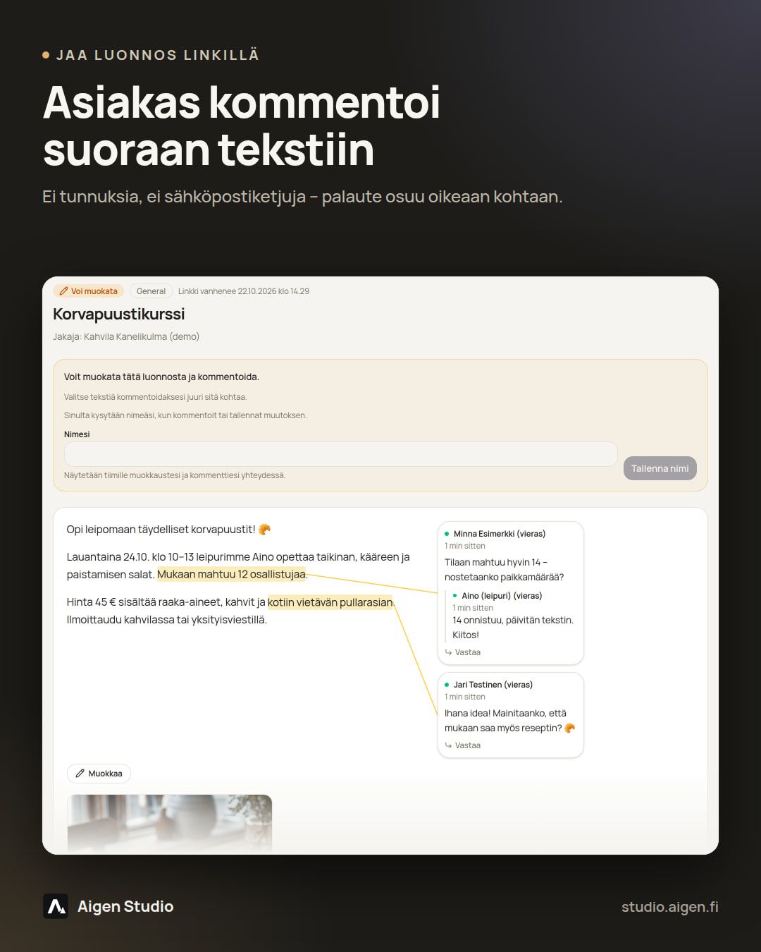 A draft about a café baking course shared by link. Two highlighted passages are connected by lines to guest comments and replies.