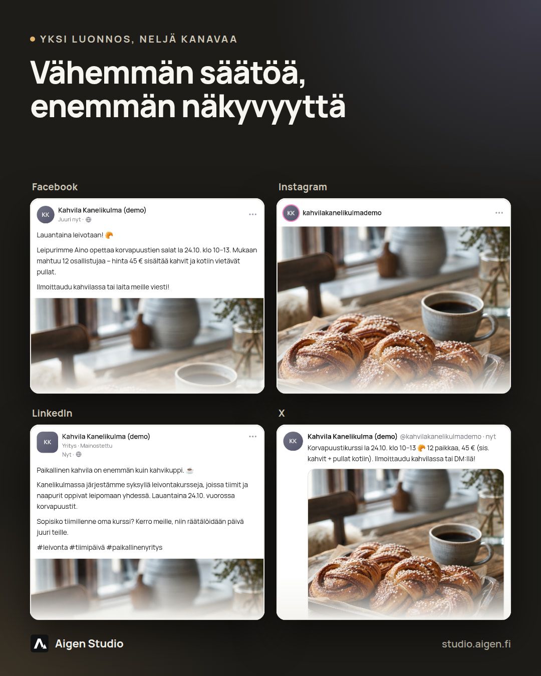 The same café course announcement as four posts: Facebook, Instagram, LinkedIn and X, each with its own text and image.